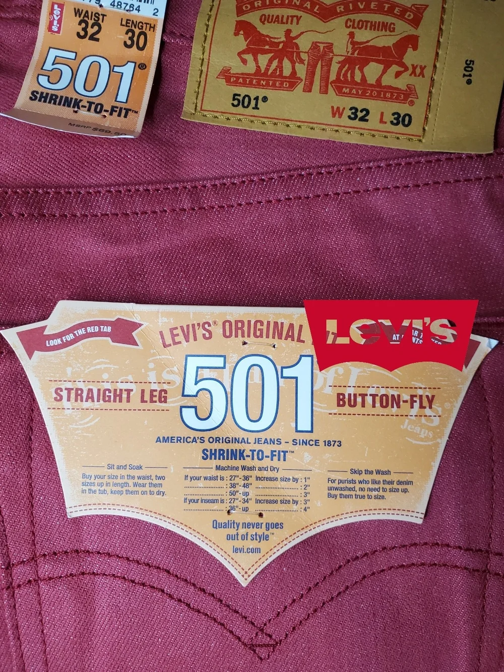 NWT Levi's 501 Men's Red New Straight-Leg Jeans Size 32x30 Shrink-to-Fit